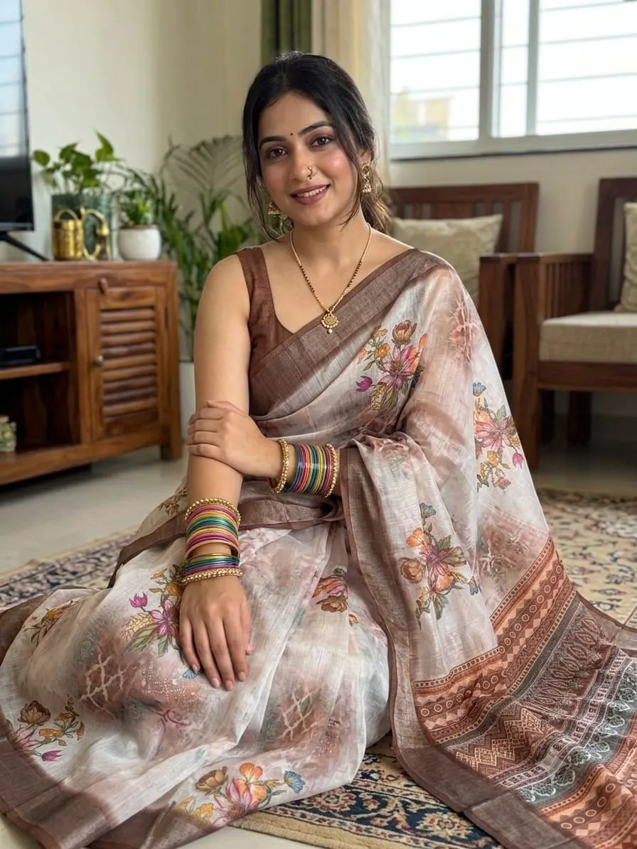 Mauve Linen Cotton Saree with Floral Print and Brown Ajrakh Border